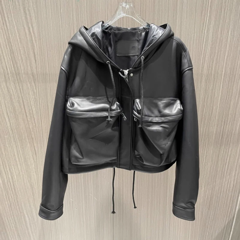 Women Zipper Drawstring Short Hooded Genuine Leather Coat Autumn Winter Vintage Motorcycle Jacket  Real Sheepskin Coat TF3779