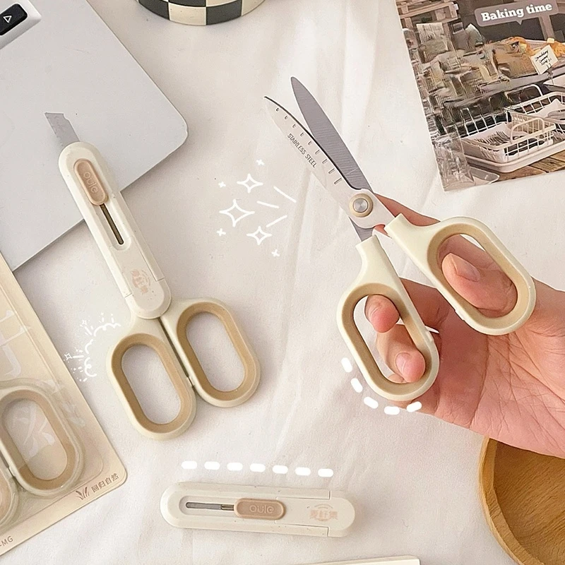 Tragbare, erweiterbare Messerschere – 2-in-1-Schere, Weizenstroh, Nature-Serie, Umschlagmesser, Express-Boxen, Verpackung A7847