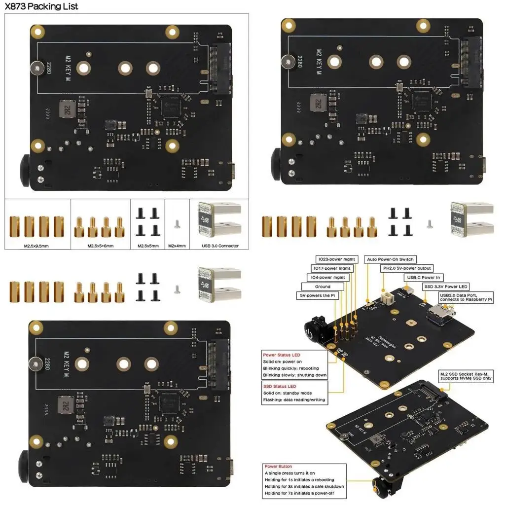 Y1UB X873 NVMe Solid Disk Expansion Module for rpi 4 with USB and LED