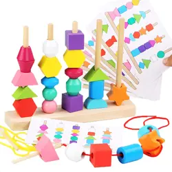 Montessori Wooden Toys Color Shape Matching Puzzle Game Colorful Beaded Cognition Early Educational Toys For Children Kids Gift