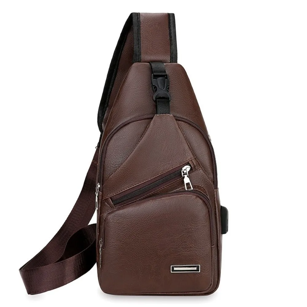 Solid Color Men Chest Bag USB Charging Zipper Men's Crossbody Sling Bag Multifunctional Large Capacity Single Shoulder Bag