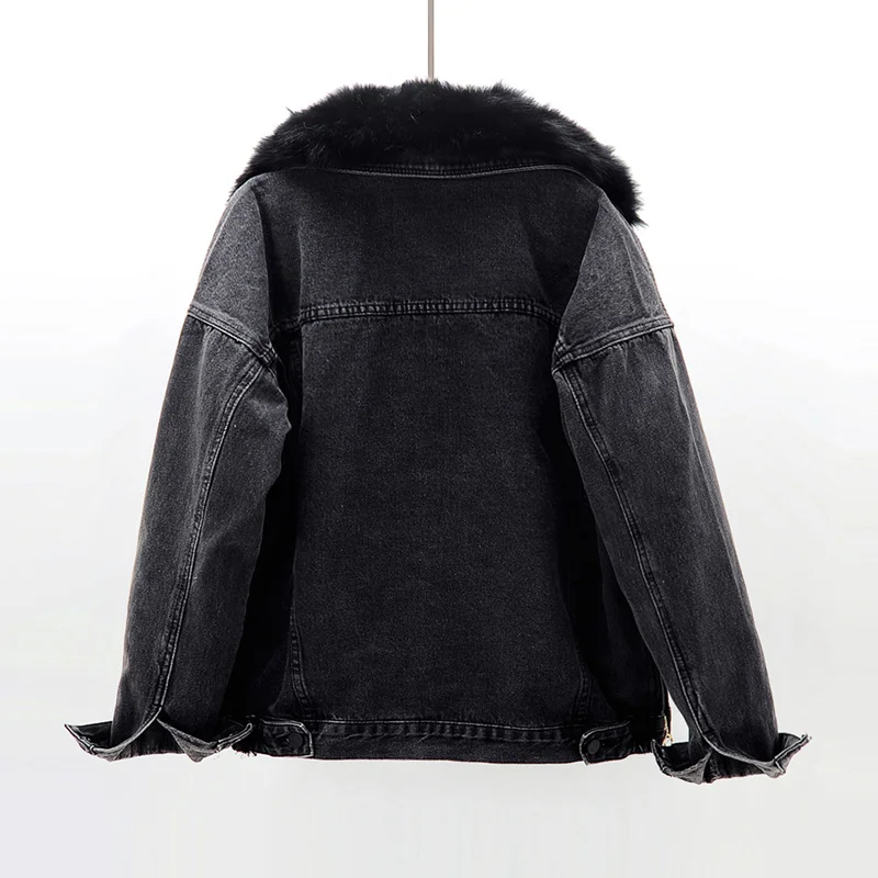 Winter Thick Natural Fox Fur Collar Rabbit Fur Liner Denim Jacket Women Black Blue Outwear Loose Short Jeans Jacket Coat Female