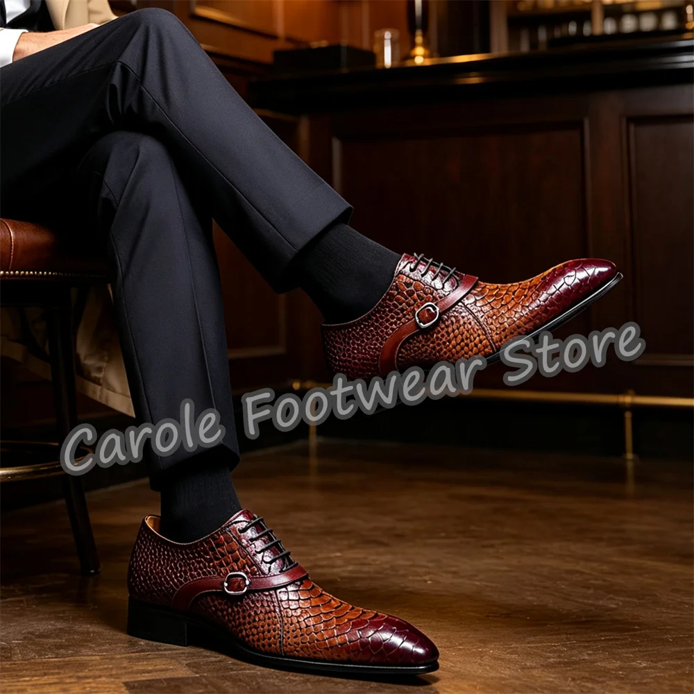 Snakeskin Pattern Embossing Genuine Leather Loafers Male Pointed Toe Chunky Heel Lace-Up Oxfords Wedding Party Dress Shoes
