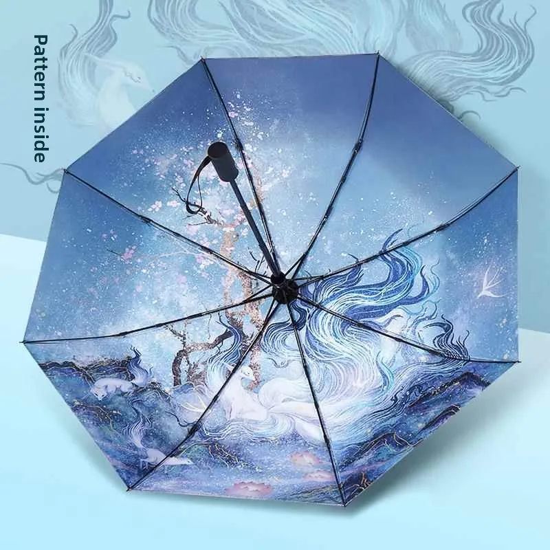 

Автоматический ветрозащитный зонт в национальном стиле «Девять хвостов» Цинцюй Кунчэн Дуньхуан с защитой от УФ-лучей и функцией солнцезащитного козырька/дождевика