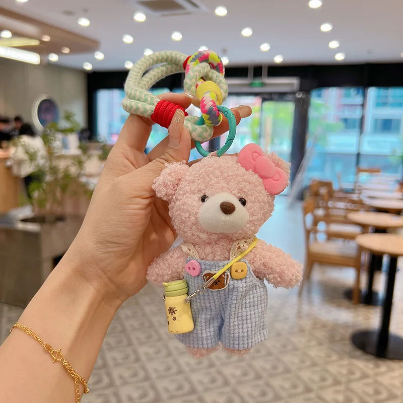 Cute Plush Curly Bear Bag Charm With Bow Pendant Colorful Braided Rope Keychain Lovely Stuffed Doll Handbag Accessory For Girls
