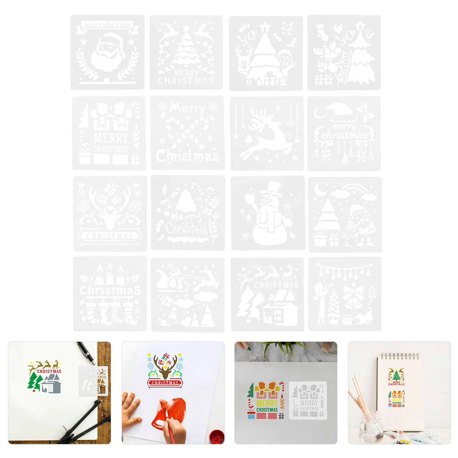 16 Pcs Christmas Painting Template Wall Stencils Hollow-out Templates DIY Tool Card Drawing The Pet Xmas Party Decoration