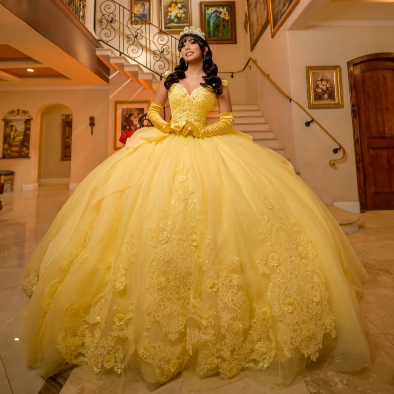 

Yellow Shiny Quinceanera Dresses Off The Shoulder Applique Lace Beads Tull Ball Gown Vestidos De 15 Anos Sweet 16 Dress Vestidos