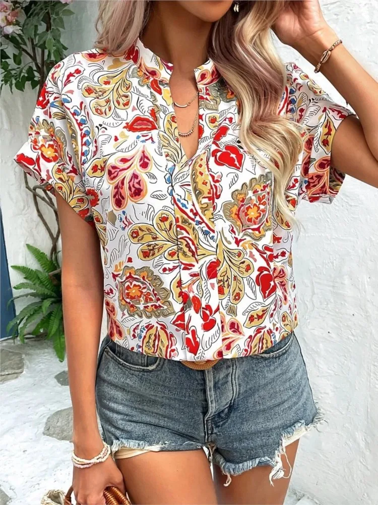 Women\'s Blouse New Fashion Painted Flower Print V-neck Short Sleeved Women Tops Lady Flower Print Pullover  Summer Shirts Femme