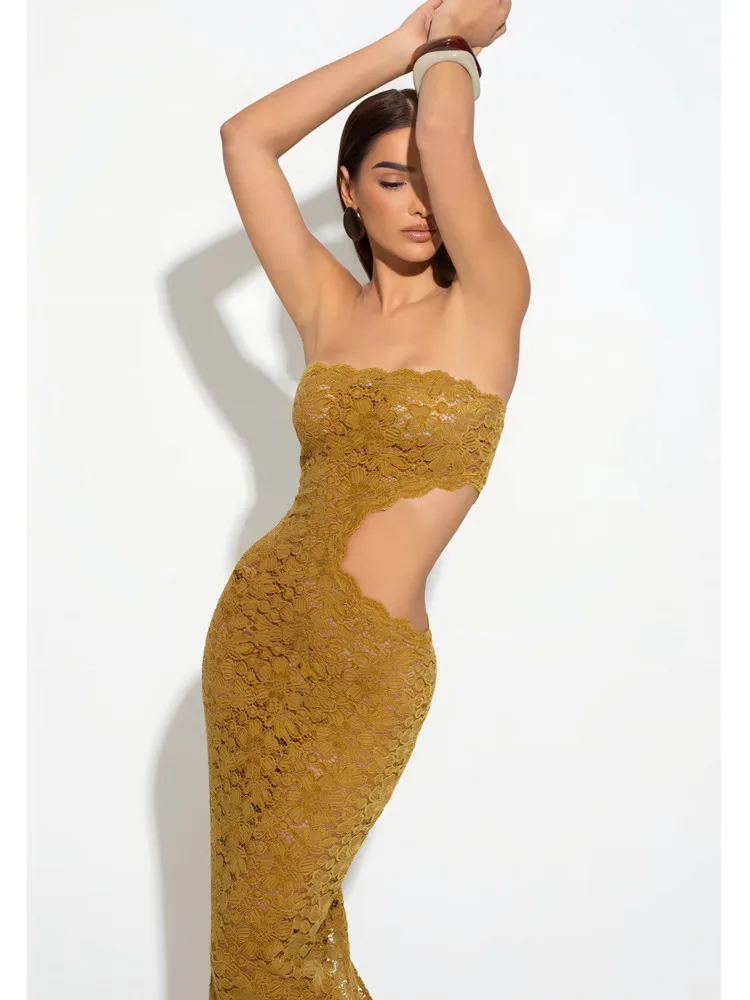 

Articat Sexy Lace Patchwork Tight Dress Women Elegant Strapless Hollow Out Backless Bodycon Party Evening Dress Summer New 2025