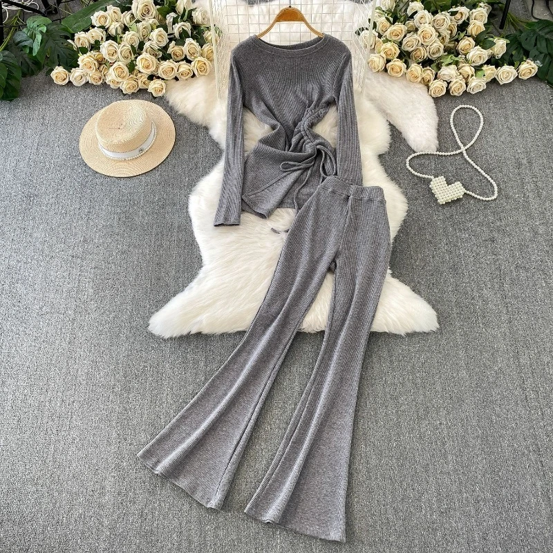 

Extremely simple style casual two-piece set temperament drawstring waist cinched knitted top high waist slim fit flared pants