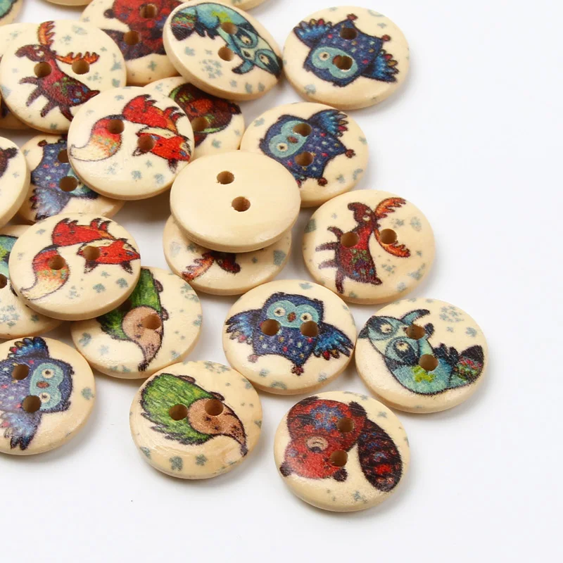 50pcs 15mm Lovely Fox Bear Owl Pattern 2Hole Wood Buttons For Clothing Needlework Scrapbook Decoration Crafts Sewing Accessories