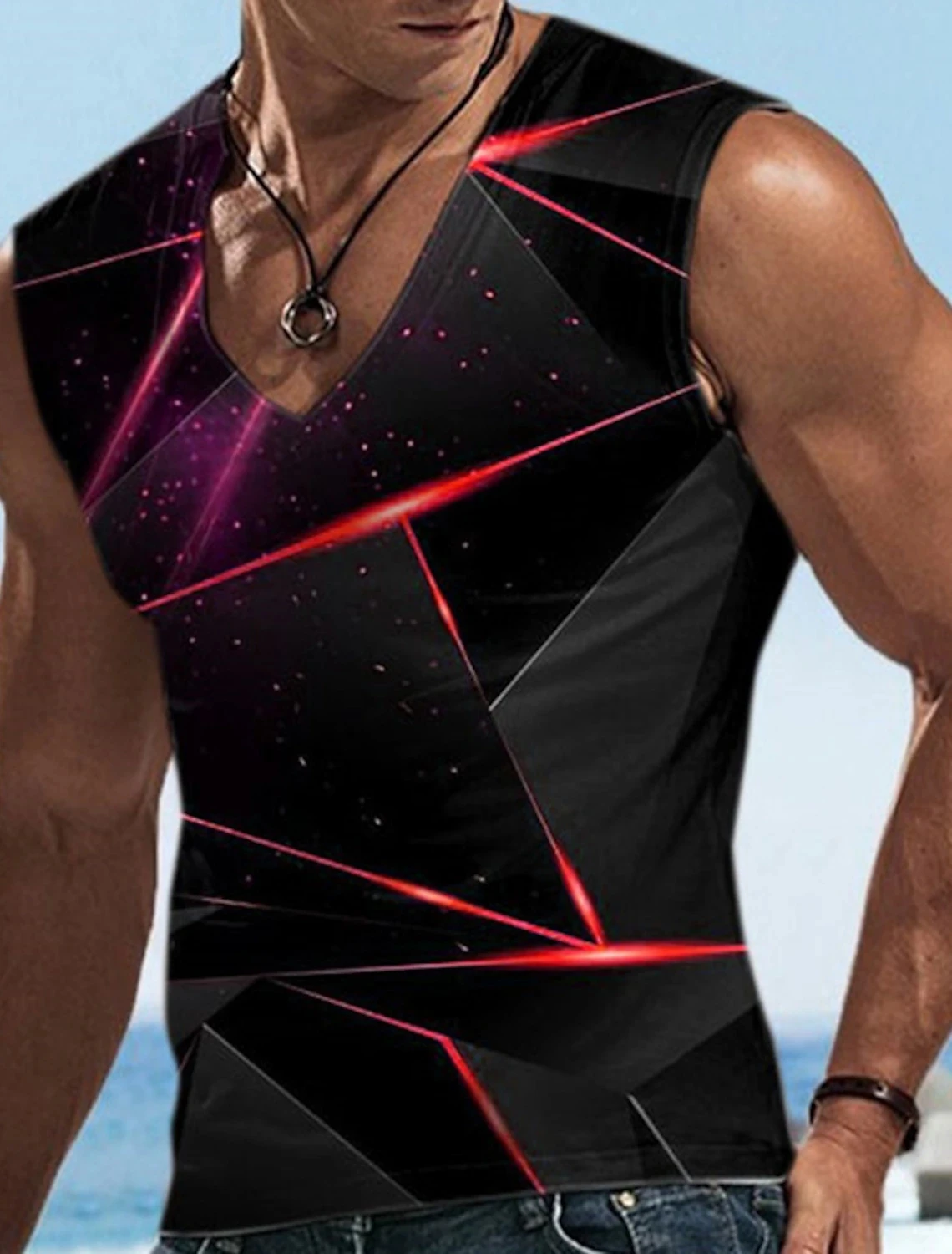 

Cosmic Laser Printed V-Neck Men's Vest Outdoor Street Sleeveless Clothing Men's Sports Fitness Training Casual Oversized Vest