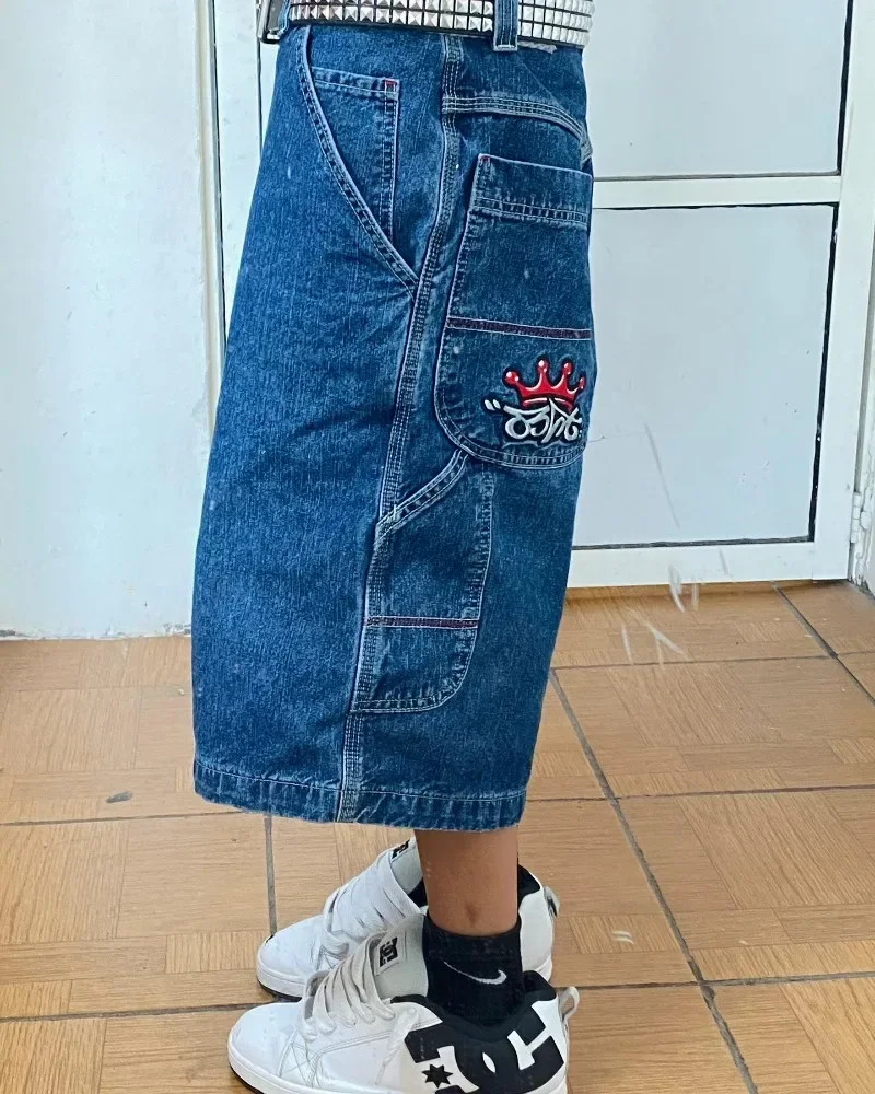 Pantalones cortos de mezclilla holgados para hombres y mujeres, ropa de calle de Hip Hop, patrón bordado Y2K, moda Vintage, Harajuku, JNCO, Verano
