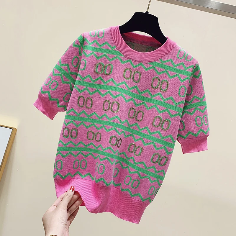 2023 letnie diamenty frezowanie kobiet sweter cienkie dzianiny z krótkim rękawem wokół szyi lodowy jedwab swetry swetry stylowe modny Top