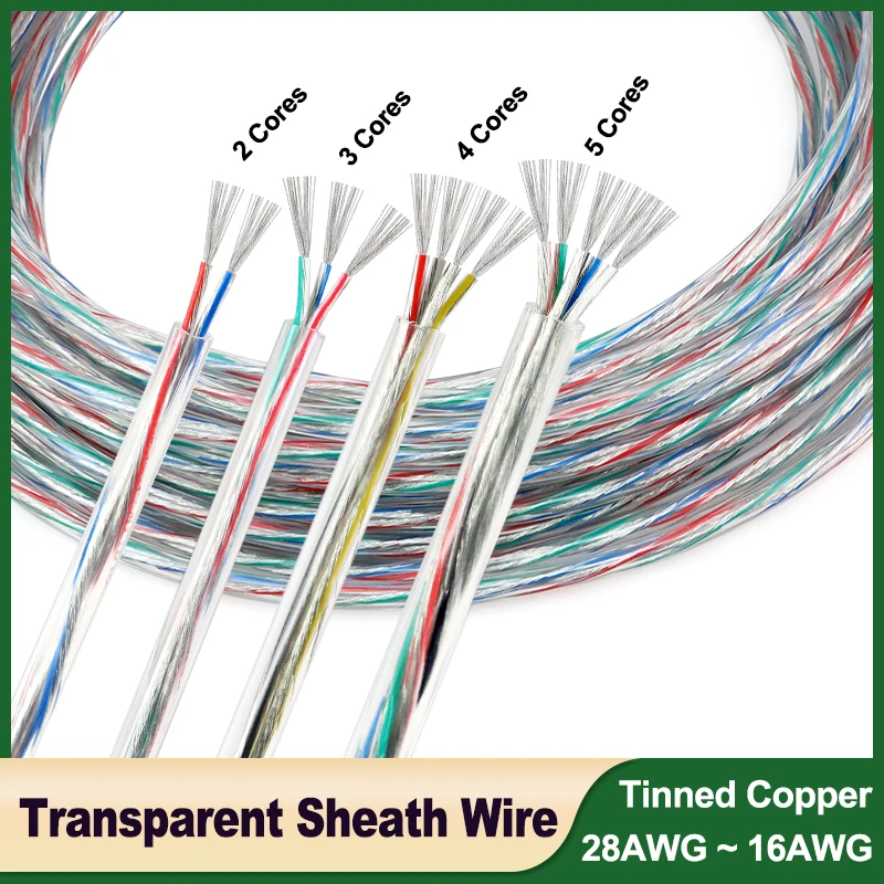 

2 3 4 5 Cores Transparent Power Cord 28/26/24/22/20/18/16AWG PVC Insulation Tinned Copper Cable LED Light Wire Line 1/3/5/10/20M