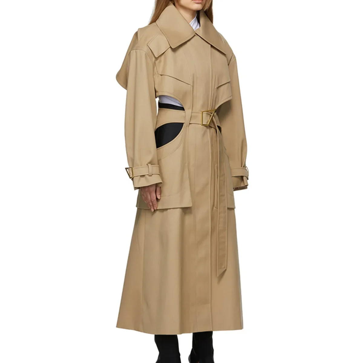 

Formal Women Suit Long Blazer Khaki Windbreak With Belt Female Business Work Wear Full Sleeve 1 Piece Blazer Jacket Coat