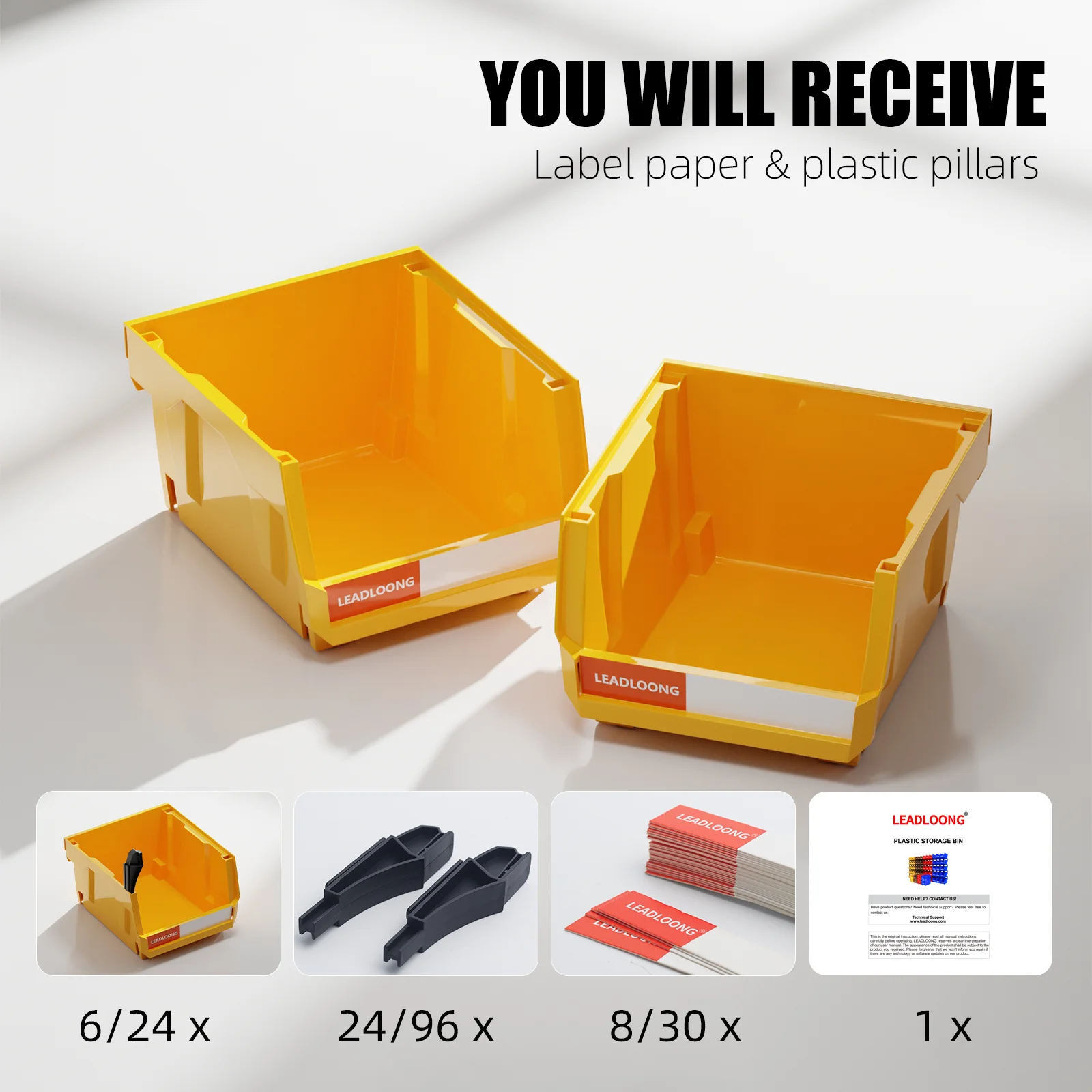 6/24Pcs 5"x4"x3" Freestanding Tiered Storage Bins - Stackable/Hanging Garage Containers for Tools & Parts - Heavy-Duty Organizer