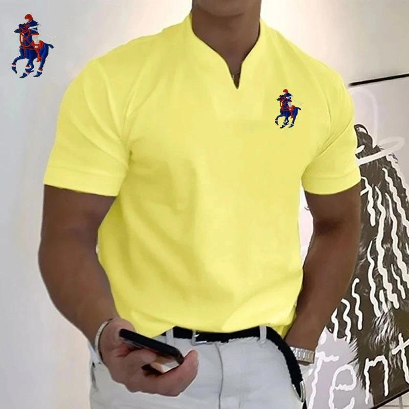 Neues Herren-Poloshirt aus bestickter Baumwolle mit kurzen Ärmeln und V-Ausschnitt, Sommermode, lässig, Business-Multifunktionsoberteil