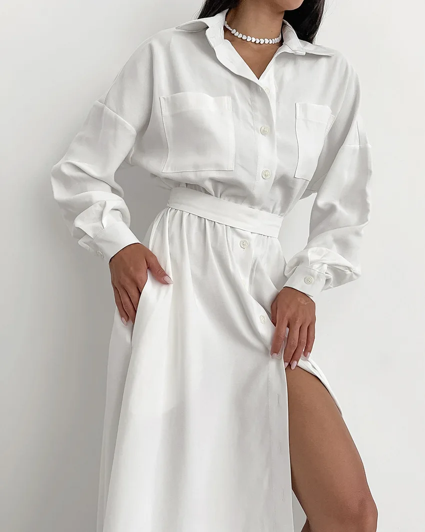

French Temperament Wrap Shirt Skirt Long Skirt 2026 Spring Simple White A-shaped Long-sleeved Dress