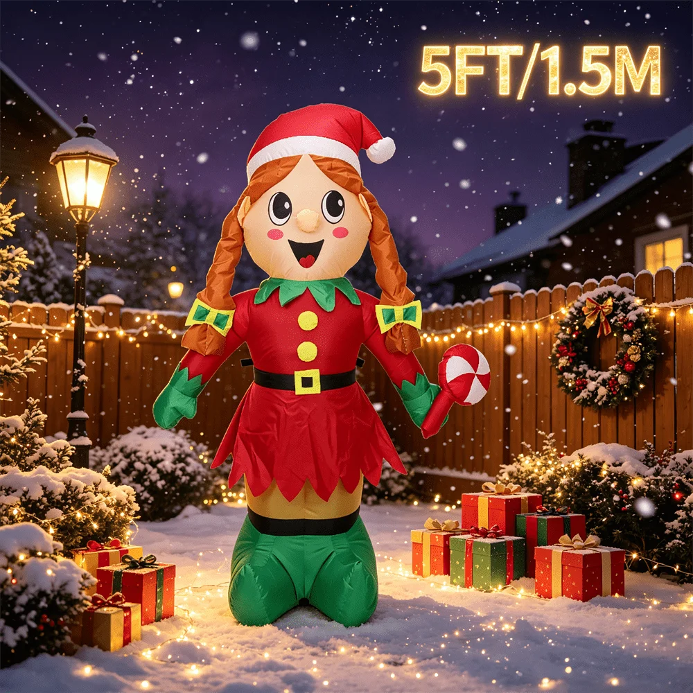 Christmas Girl Elf Inflatable Model Toy 5FT/1.5M Cartoon Elf with Yellow Buttons Snowy Backyard Holiday Display Ornament
