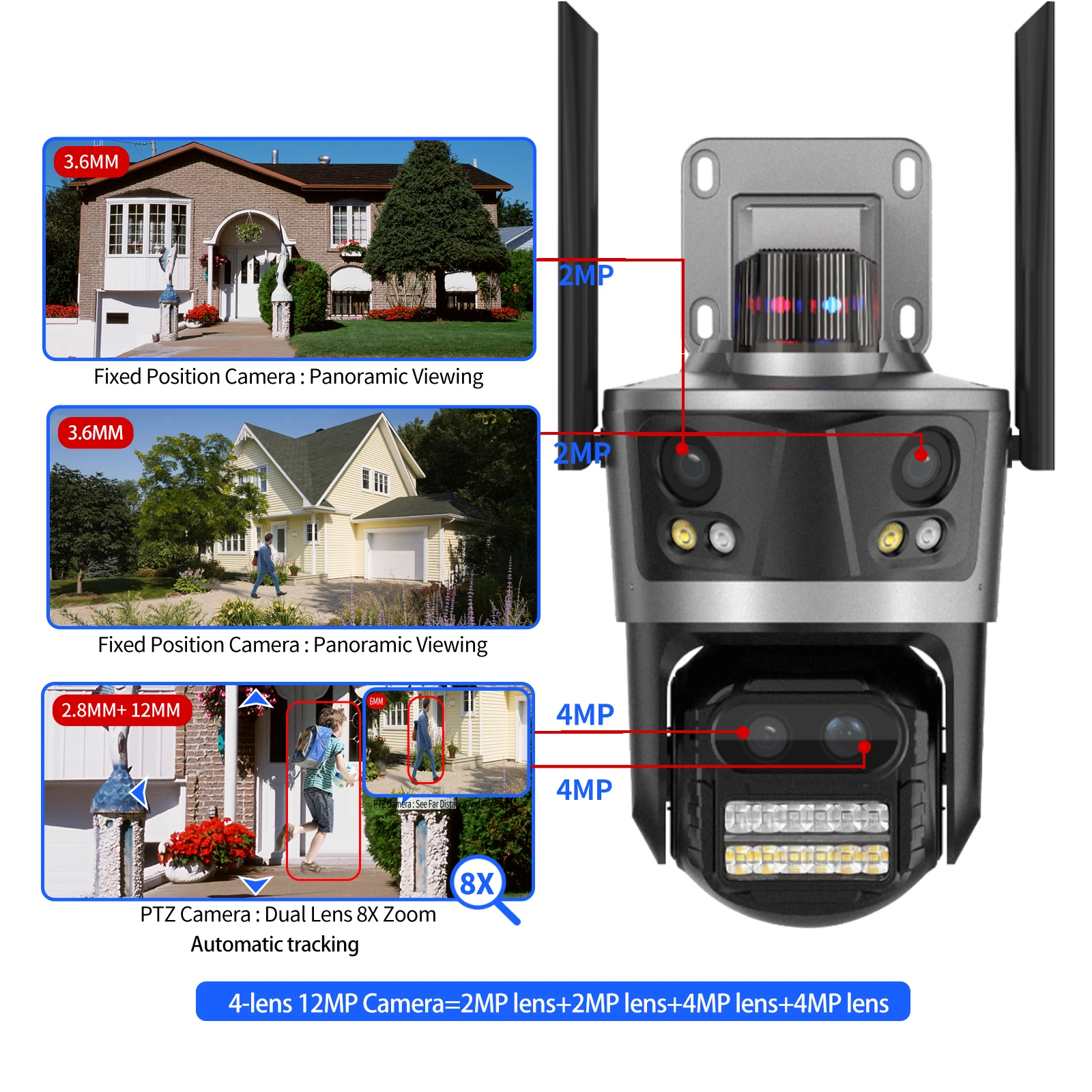 Gadinan Outdoor 12MP IP Camera WiFi PTZ 4-Lens 4-Screen 8X Zoom Auto Tracking Security CCTV Surveillance Cam Color Night Vision