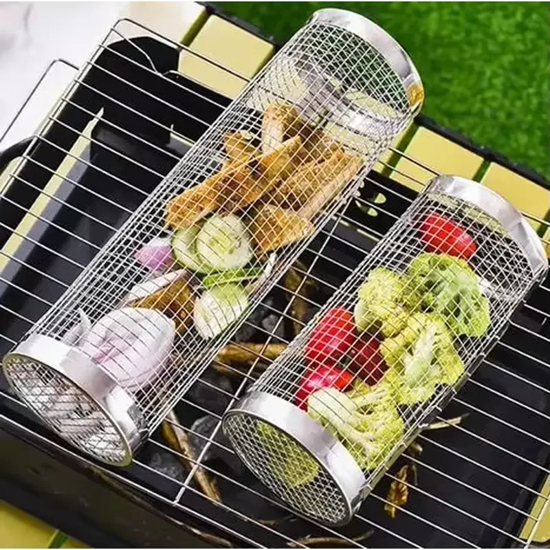 Cylindrical Stainless Steel BBQ Rolling Basket Mesh Cage for Grilling Meat Vegetables Shrimp Outdoor Barbecue Tool Stainless