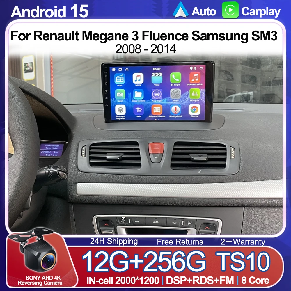 Rádio de Carro Android 16 para Renault Megane 3 Fluence Samsung SM3 2008 - 2014, Player de Vídeo com Carplay Sem Fio, Android Auto, 5G WIFI BT