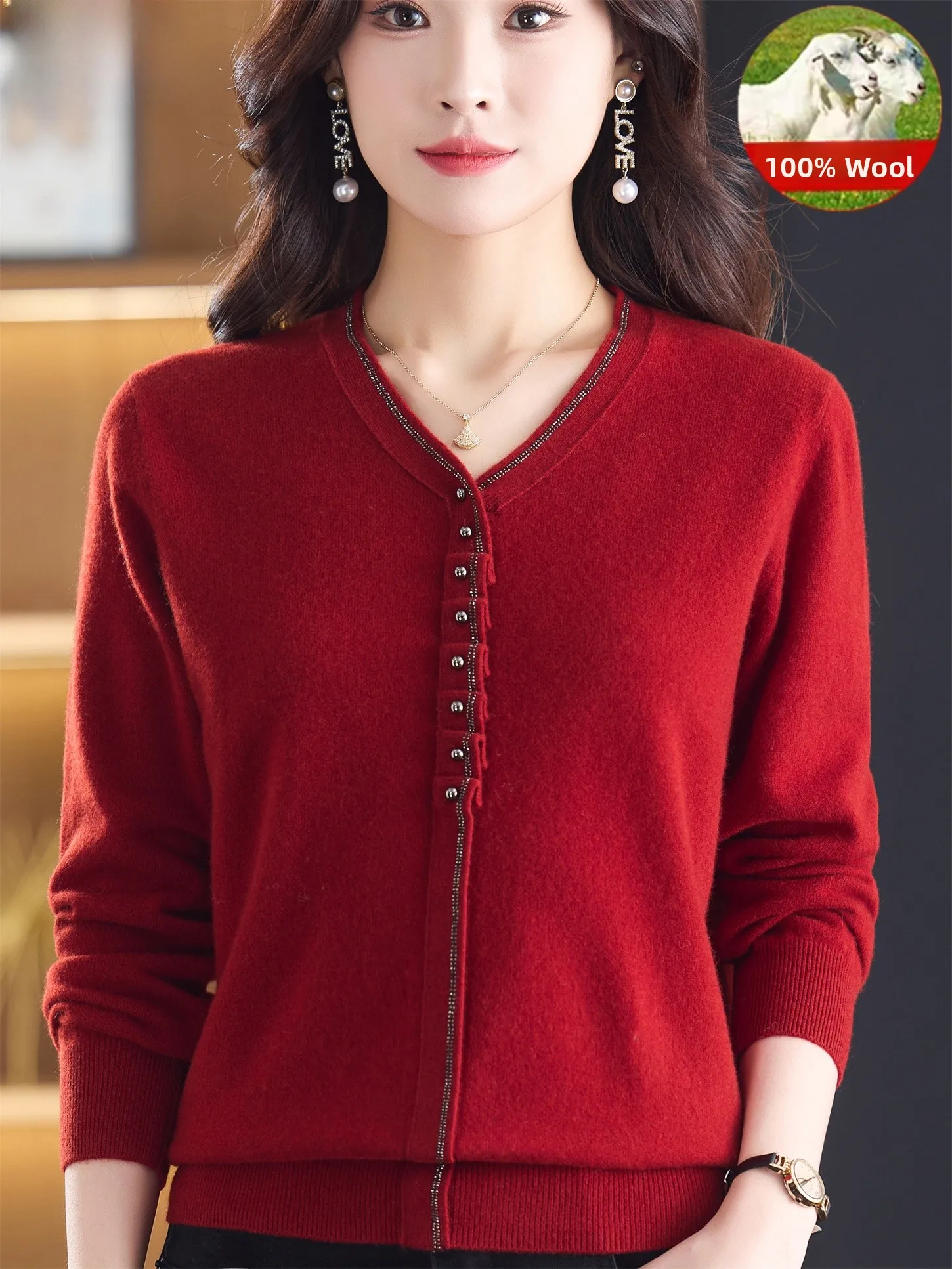 

Модный трикотаж из чистой шерсти, женский свитер на пуговицах с v-образным вырезом, осень-зима, новый теплый вязаный топ для среднего возраста и ...