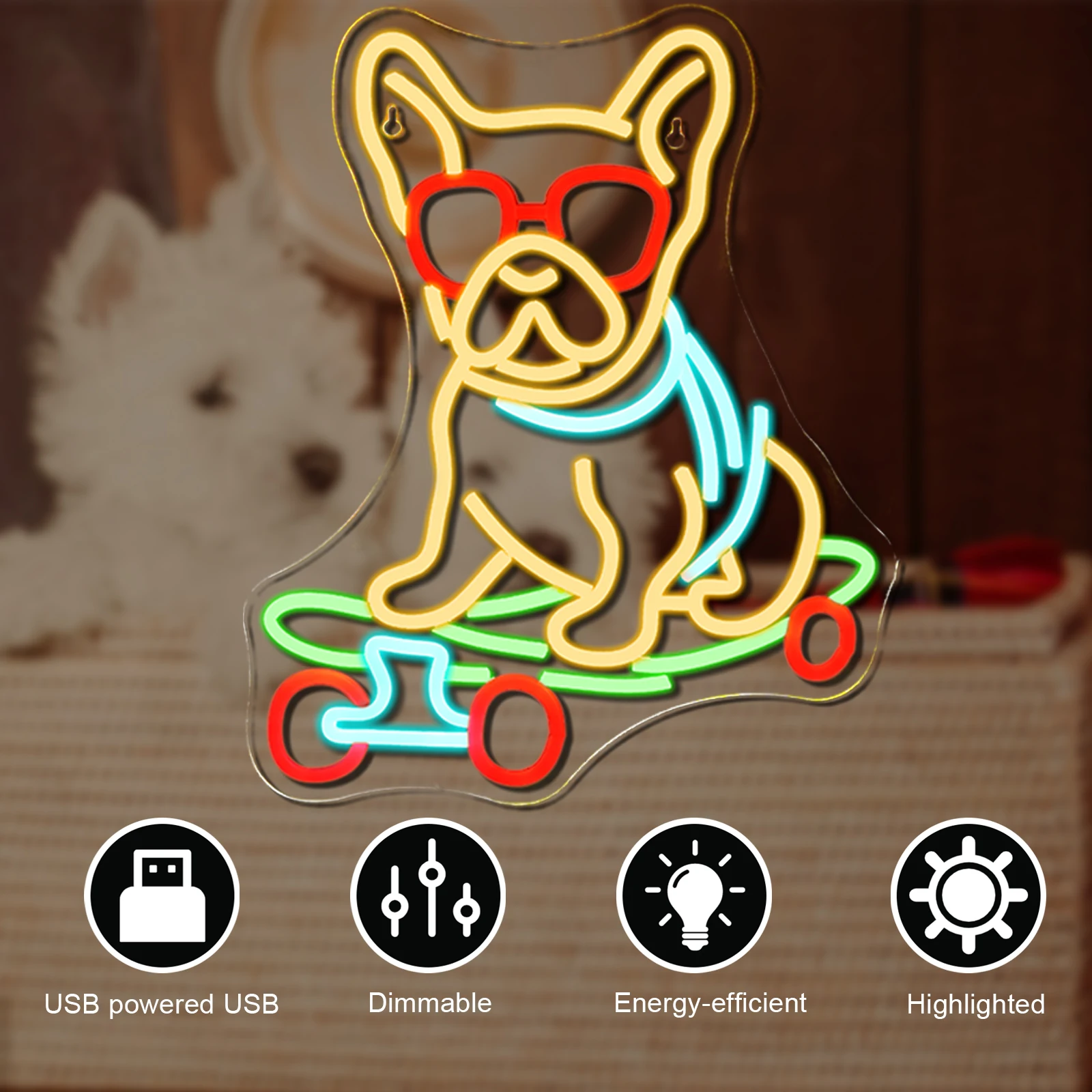 Imagem -02 - Sinal de Néon do Cão do Skate Bonito Cão Led Luz de Néon Usb Regulável Animal Iluminar Sinal para Pet Shop Festa Decoração Sinal de Luz de Néon