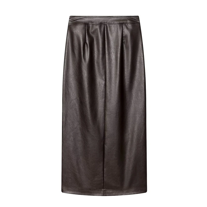 KEYANKETIAN 2026 Vintage Pu Leather Midi Skirt High Waist Back Split Seam Detail Slim Fit Solid Women Casual Pencil Skirt
