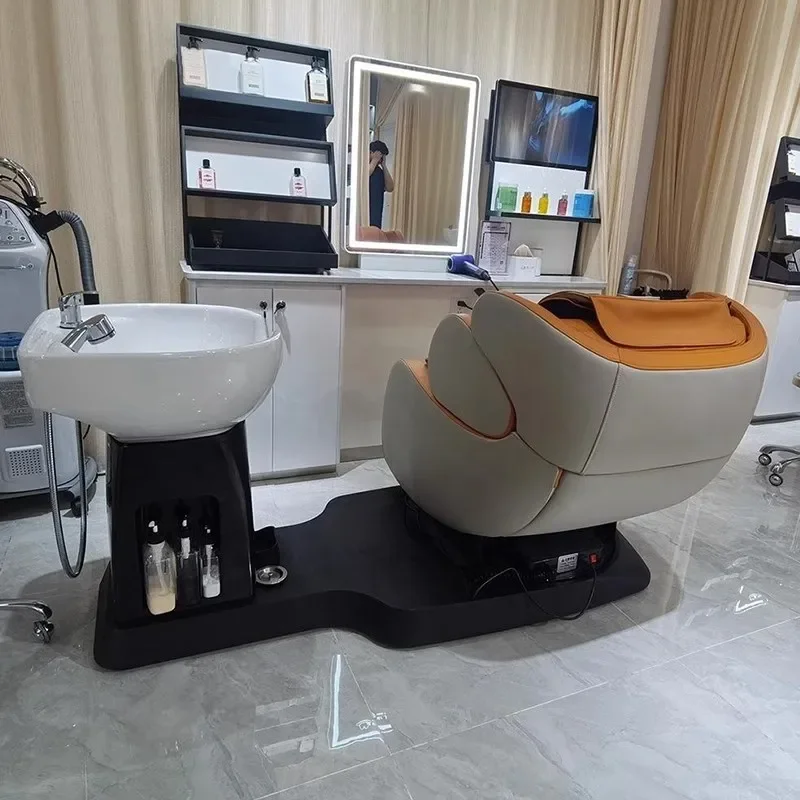 Mobili moderni per parrucchieri Nuovo design Ciotola per shampoo elettrica Sedia Unità di controlavaggio in pelle sintetica Lettino per lavaggio capelli Lettino da massaggio