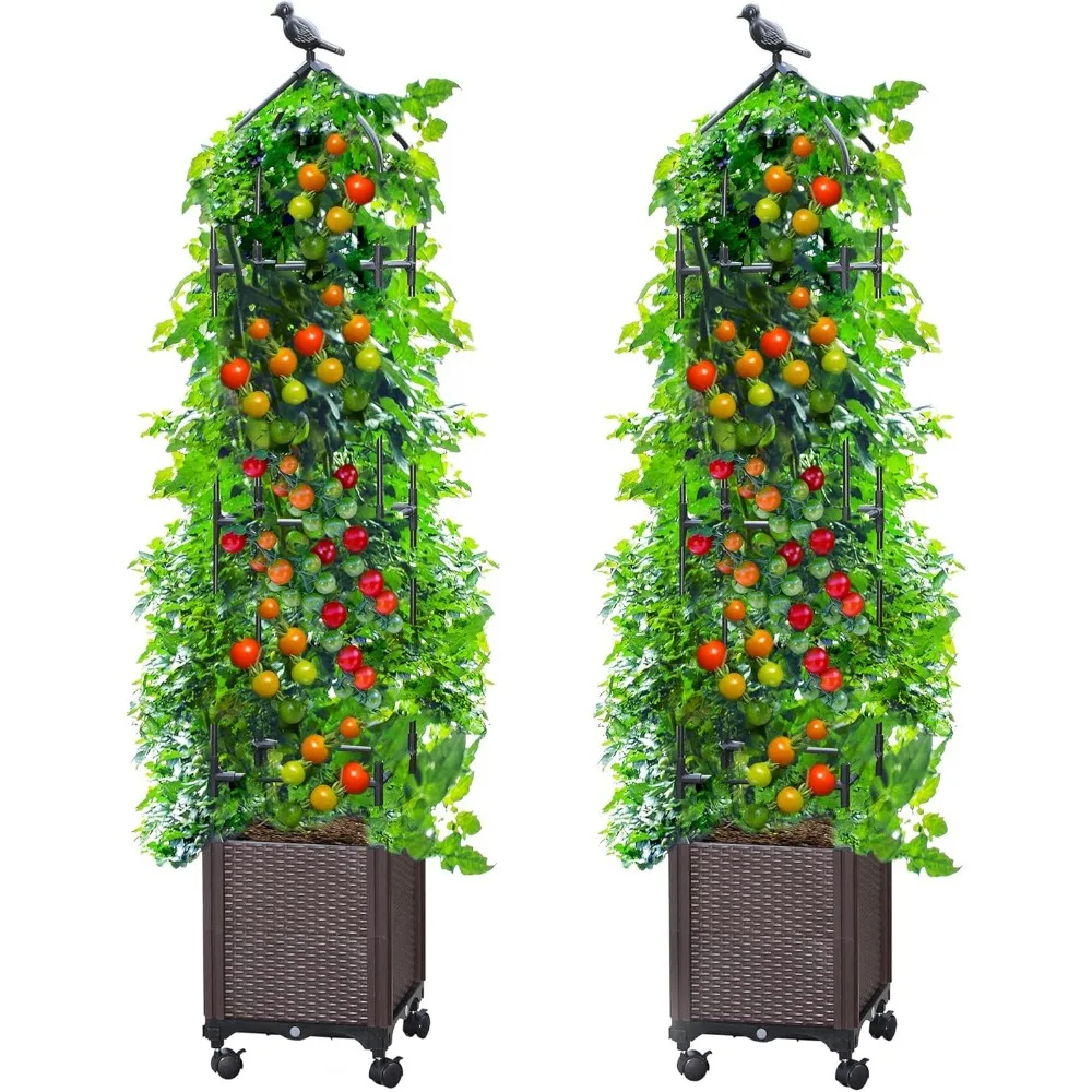 

2-Pack Raised Garden Bed with Trellis and Wheels, 63" Tall Planter for Climbing Vegetables and Flowers