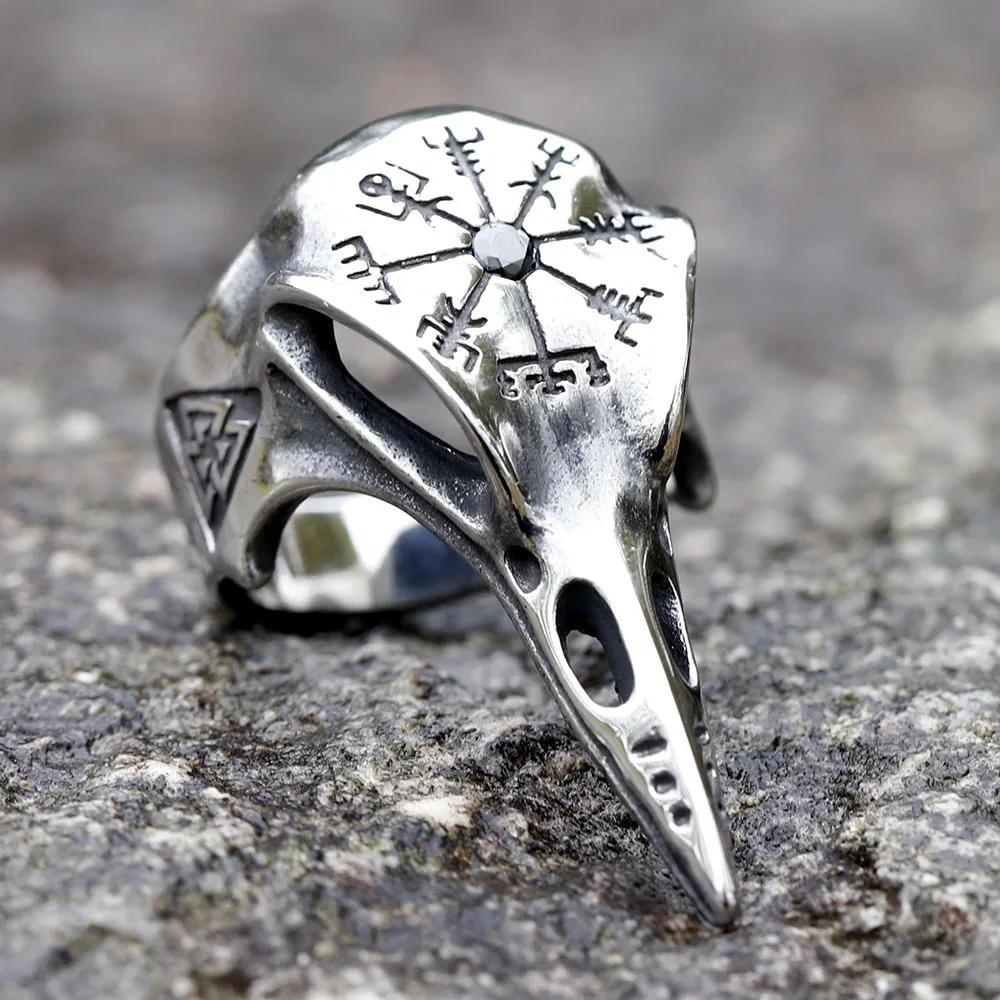 Vintage Odin Crow Skull Men's Ring Gothic Stainless Steel Compass Rings For Men Viking Accessories Valknut Ring Amulet Pattern