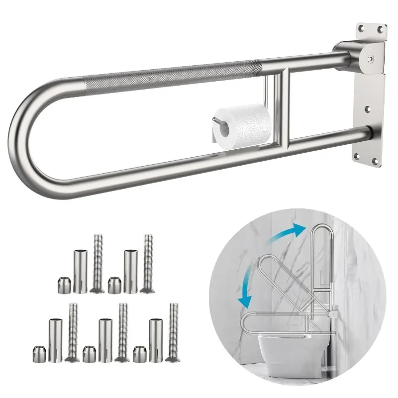 

Toilet Grab Bar 30.3 Inch, Anti-Slip Handicap Grab Bars with Paper Holder, Flip-Up Bathroom Toilet Safety Rails,