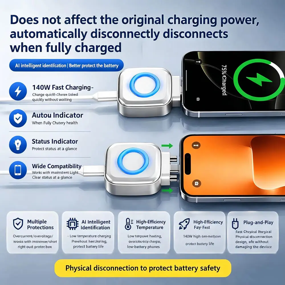 140W Smart Full Charge Self-Cut USB Type-C Adapter, USB-C Auto Disconnect for Night Charging, Overcharge Prevention Separator