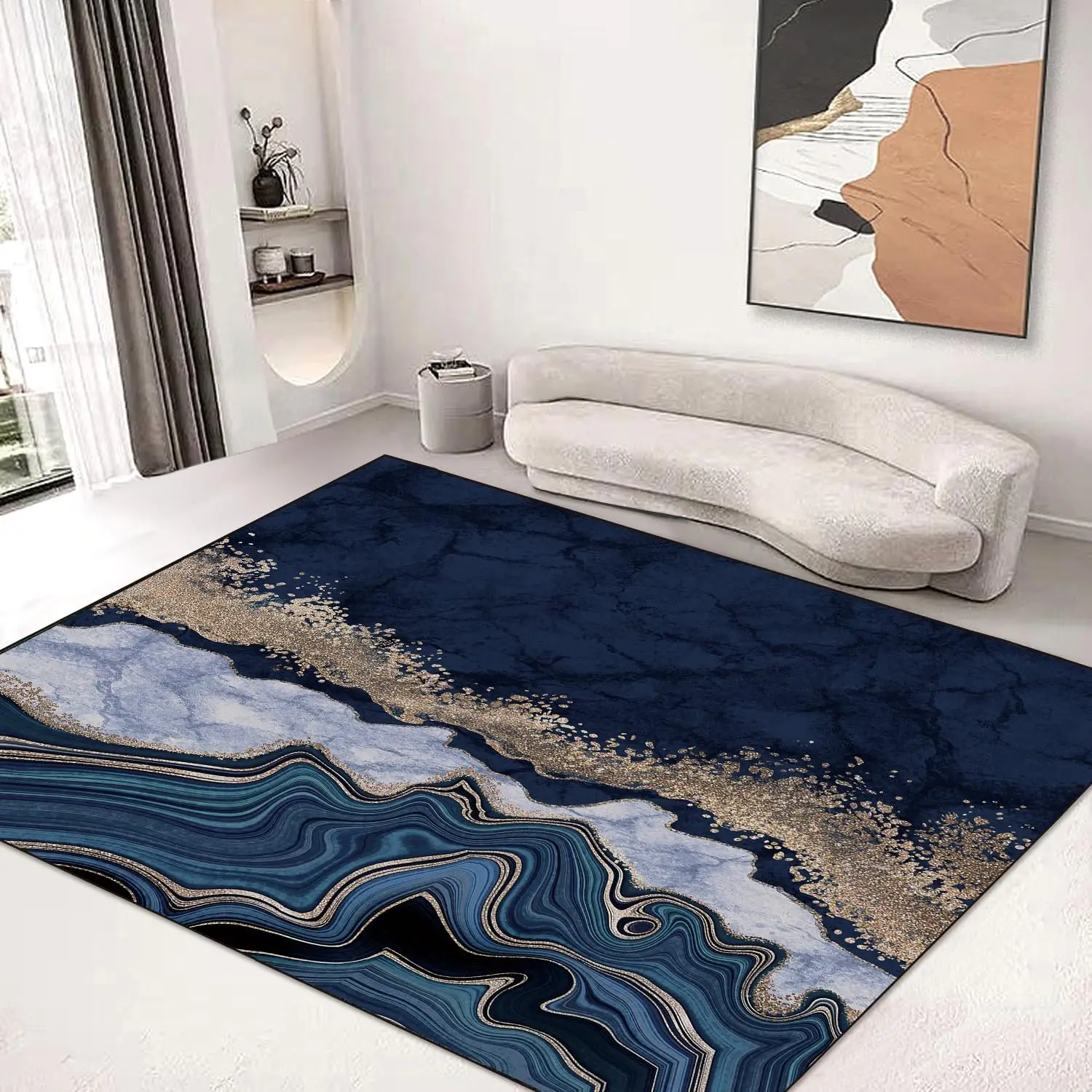 Navy Blue Golden Marble Abstract Area Rug, Non Slip Carpet for Living Room Bedroom, Versatile Kids Home Decor