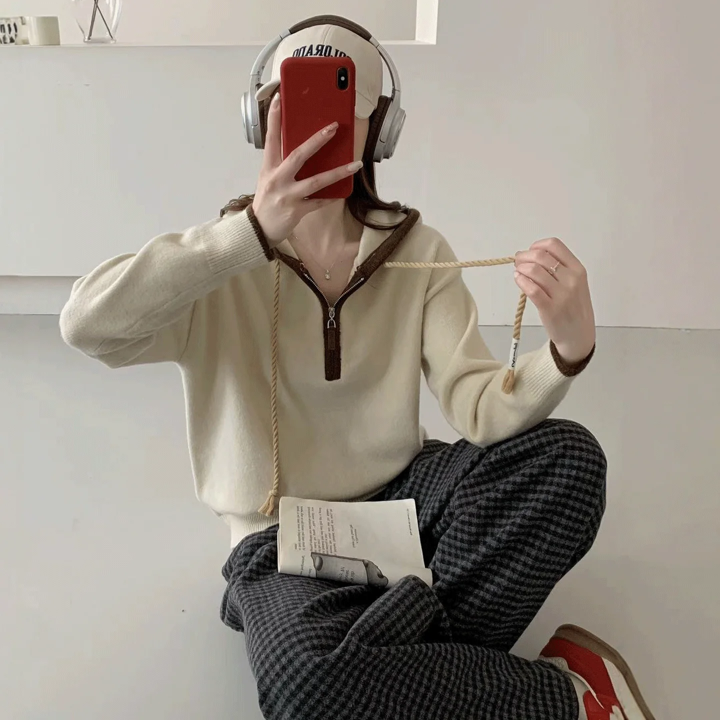 Autumn and winter ladies hooded cashmere sweater women's half zipper knit bottoming shirt drawstring top