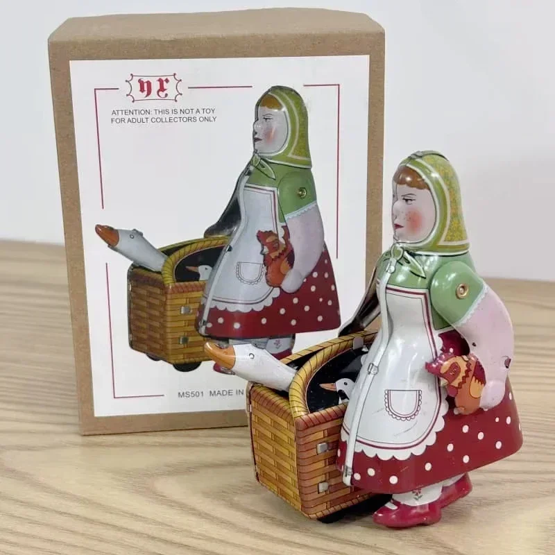 Walking Tin Farmer Robot Woman with The Goose Clockwork Toy Classic Collection Retro Wind Up Toy MetalMechanical Toy Gift