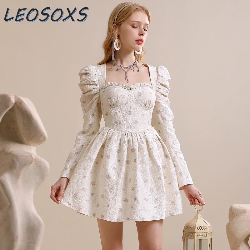 

LEOSOXS Senior Designer Dress Women's 2024 Autumn Clothing Sweet Temperament Square Neck Bubble Long Sleeve Jacquard Girl Dress