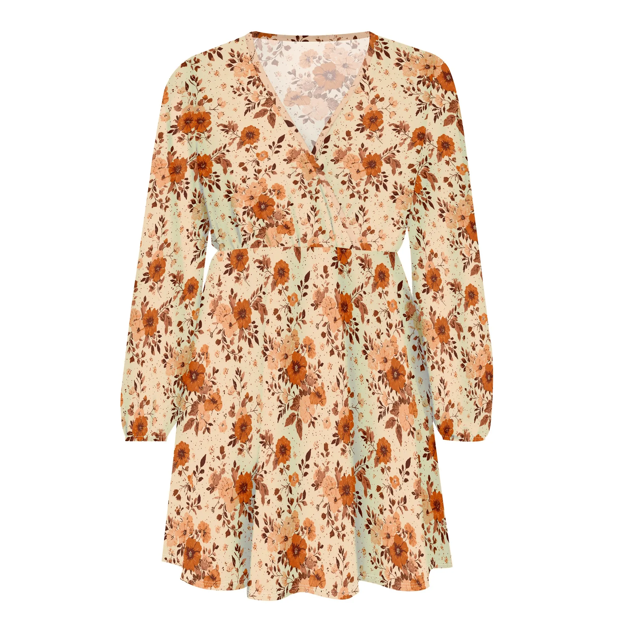 Abiti autunnali da donna 2025 Scollo a V Manica lunga Elastico in vita Boho Abiti da vacanza al mare Mini abito estivo floreale