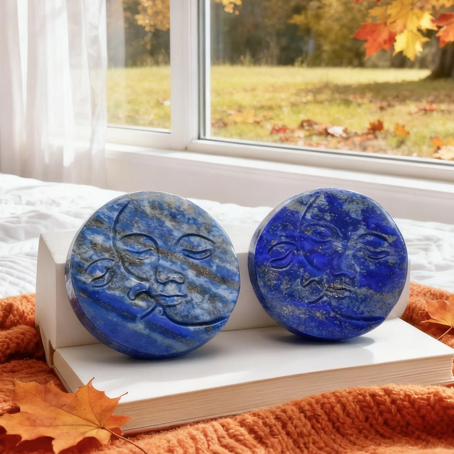 1PC  Lapis Lazuli Sun and Moon Face Carving,Stone Collections, Excellent Gifts,Family And Friends Gift,DIY Decor,Party Decor