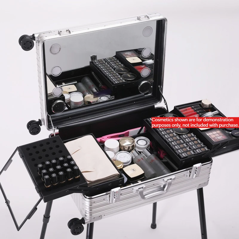 Bluetooth LED Light Makeup Case, Aluminum Alloy Rolling Cosmetic Train Case with Stand & Wheels for Makeup Artist