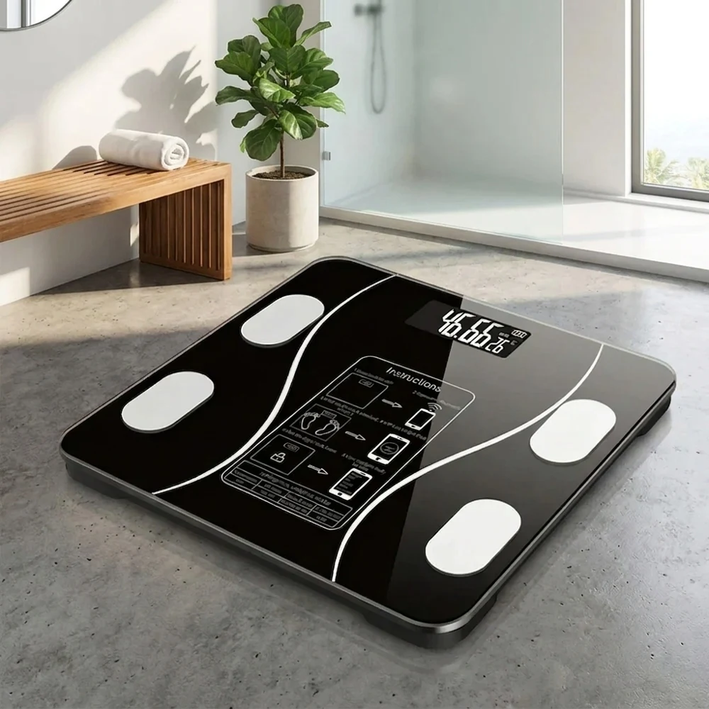 Balança inteligente de gordura corporal, bluetooth, de alta precisão, fácil de ler, display lcd, alimentada por bateria, capacidade máxima de 180kg, pesagem digital para banheiro
