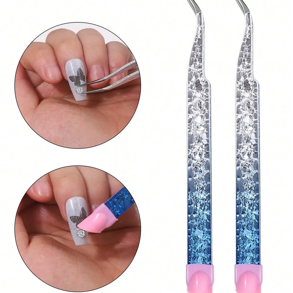 1pcs Blue Gradient Crackle Nail Art Tweezers - Stainless Steel Angled Precision Tool for Rhinestones, Charms & Nail Decorations