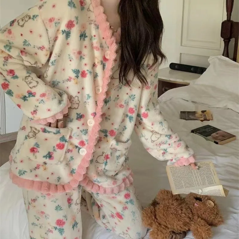 

Кардиган из кораллового флиса для девочек, пижамы в стиле ретро с цветочным принтом, женская зимняя милая бархатная домашняя одежда, утепленная теплая милая одежда для отдыха, костюм