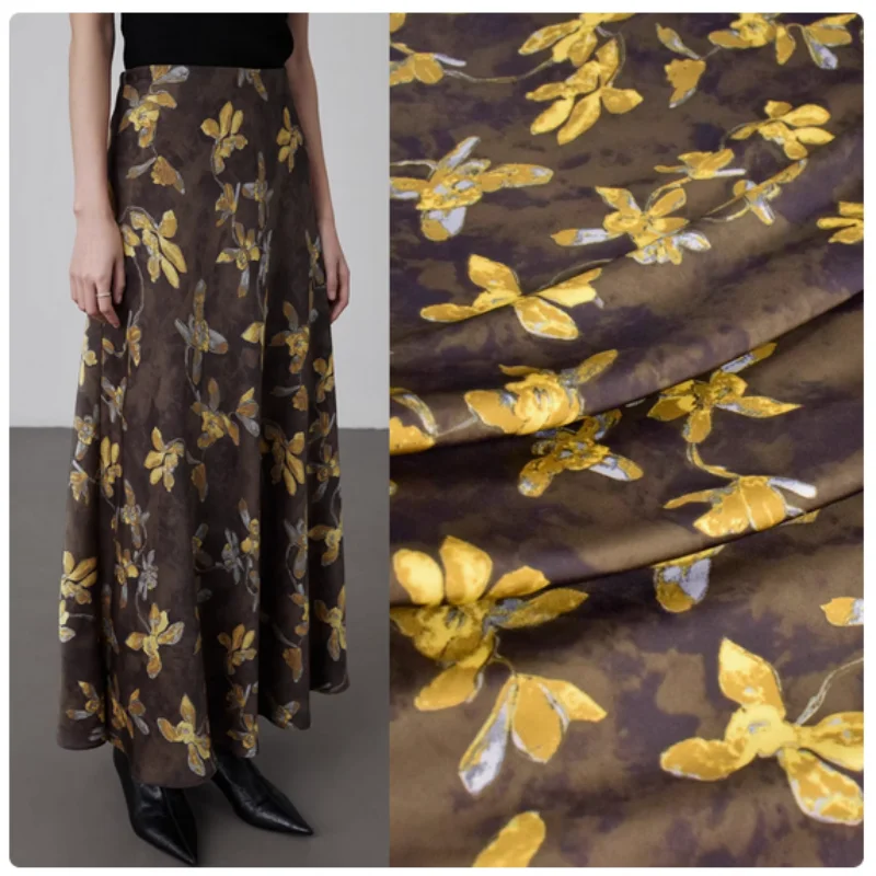 

Retro Yellow Flower Print Fake Acetate Satin Fabric, Cheongsam, Dress, Pants, Shirt, Handmade Sewing Tissue, T2350
