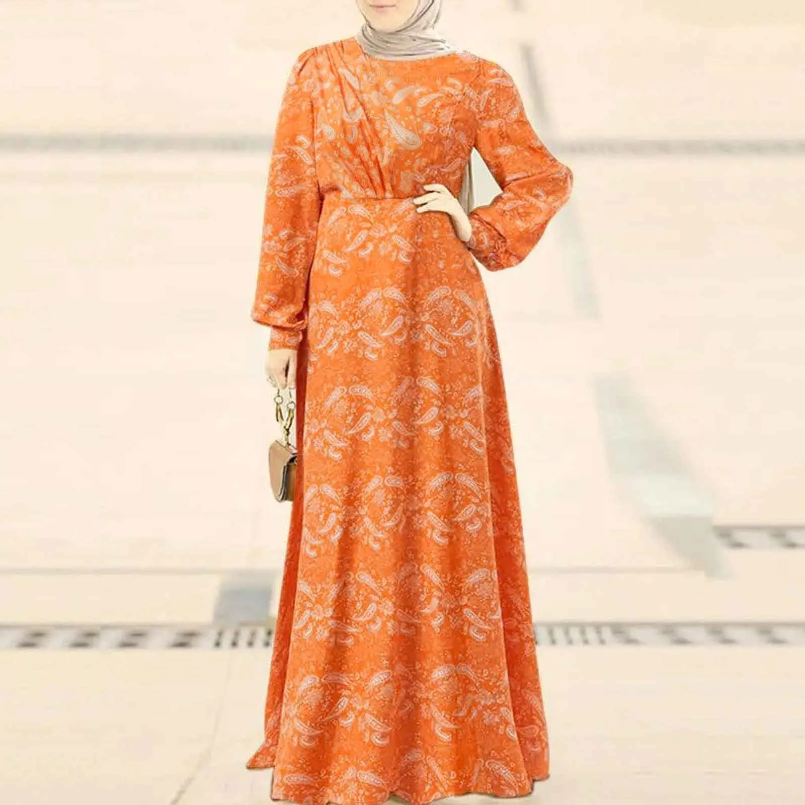 2024 Ramadan Dress Fashion Printed Waisted Pleated Back Zip Long Dress Muslim Woman Dresses Loose Dubai Abaya Islamic Dresses