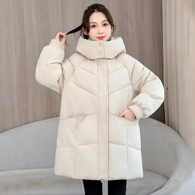 

Winter Parkas New Fashion Loose Mid-Length Cotton Jacket Women Long Sleeve Hooded Bread Padded Coat Female Casual Clothes B1438