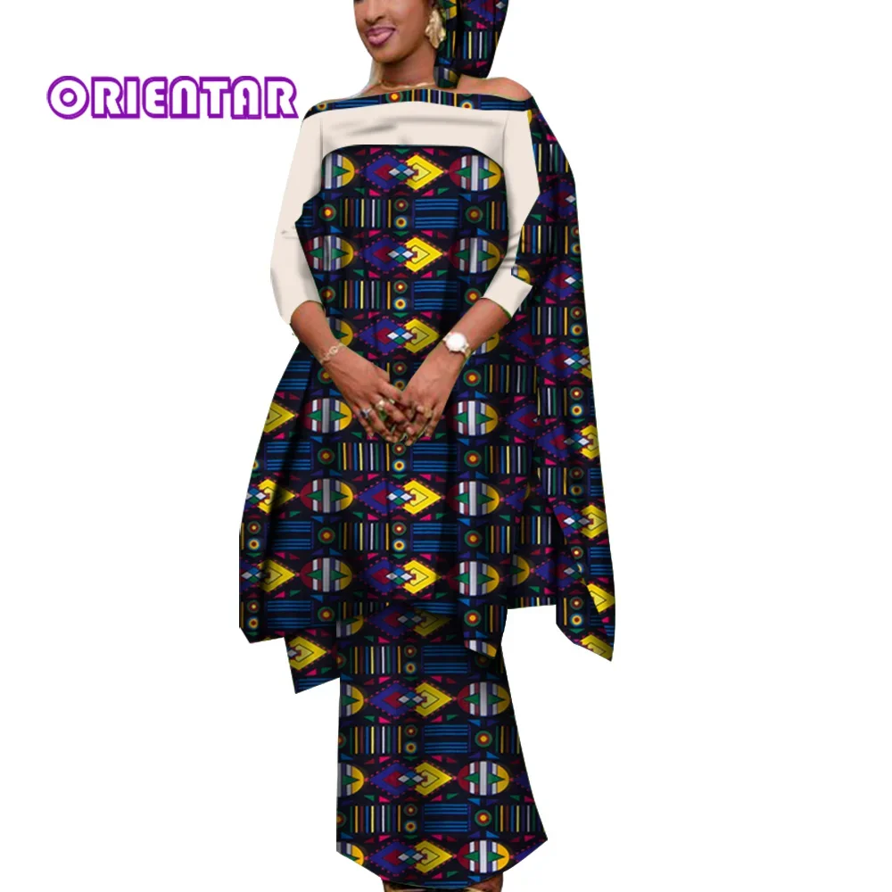 3 Pieces Set African Outfits for Women Casual Blouse and Skirts with Headscarf Lady African Clothes for Women Bazin Riche WY7946