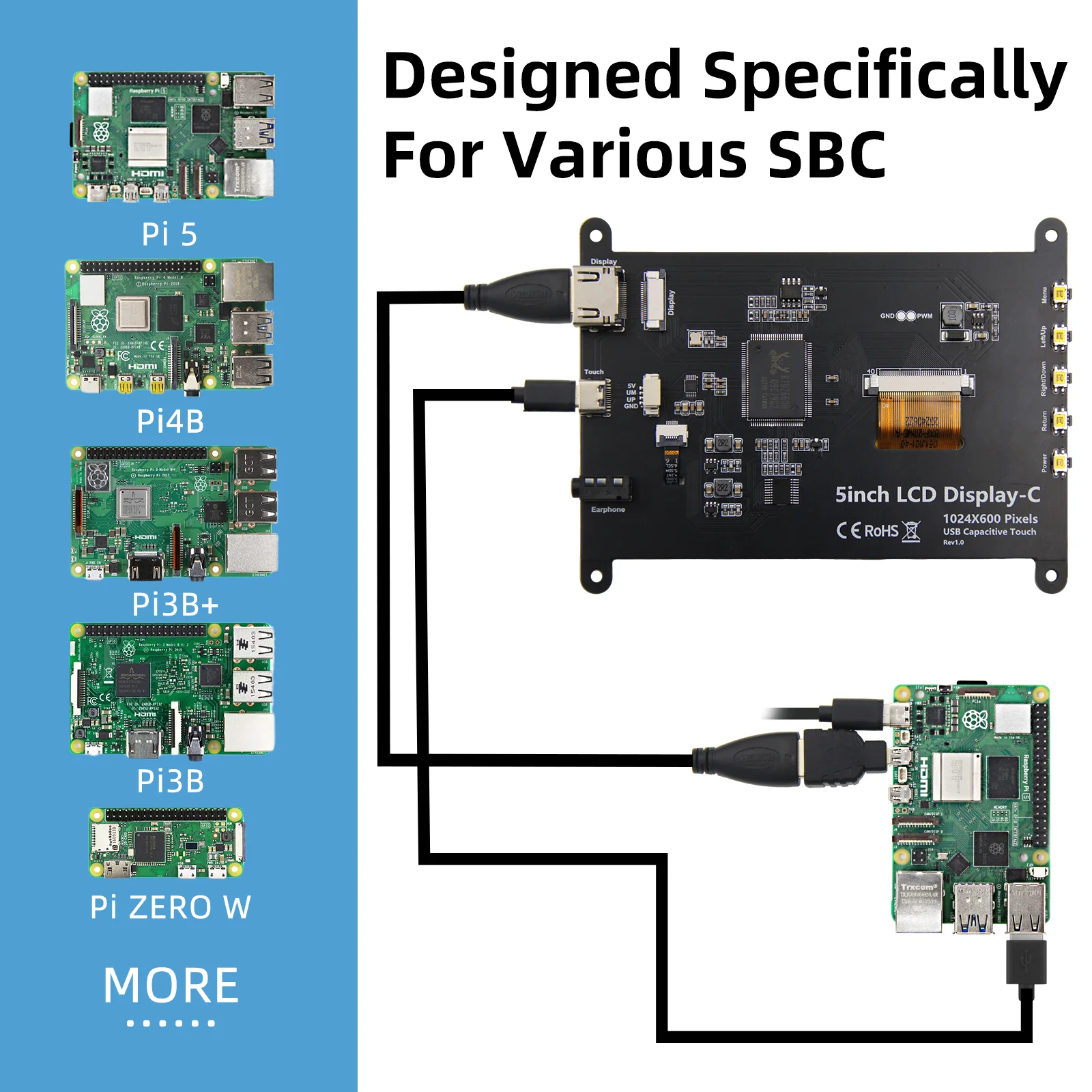 شاشة iPistBit 5 بوصة Raspberry Pi شاشة تعمل باللمس 1024*600 HDMI IPS شاشة سعوية لـ Raspberry Pi 5 4 3 2 بدون سائق